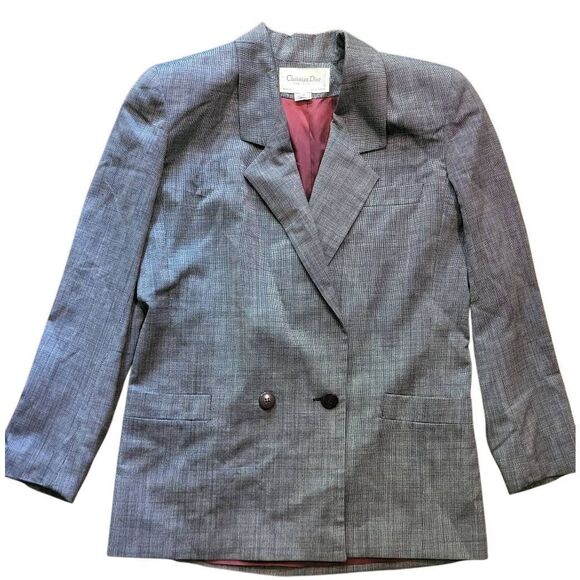 Vintage Christian Dior Blazer Women's 8 Grey Double Breasted Two Button Wool - Picture 1 of 7